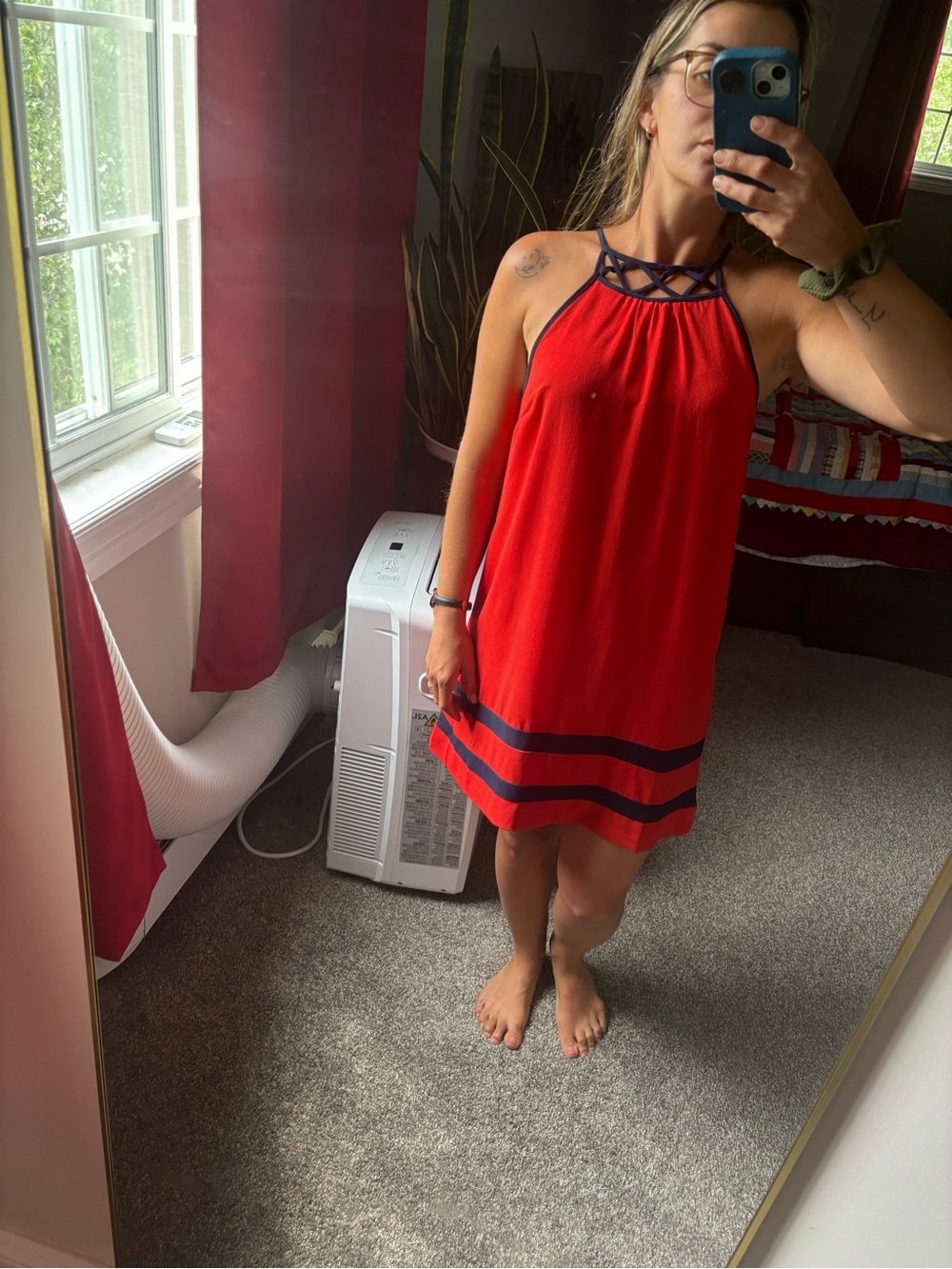 Monteau orange and navy dress with Black Lattice Trim